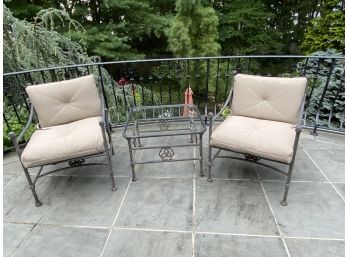 Pair Of Cast Aluminum Armchairs With Cushions & Glass Top Side Table