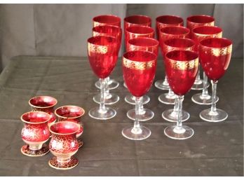 Set Of 14 Ruby Red Wine Glasses With Gold Trim With 4 Votives