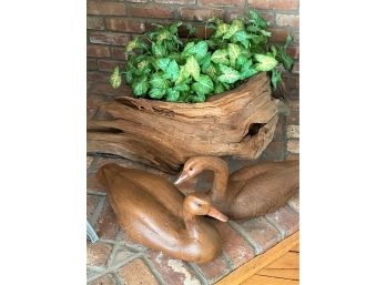 Oversized Piece Of Driftwood, Basket With Faux Greenery & Pair Of Decoys