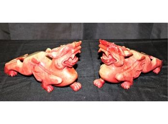 Pair Of Vintage Colorized Marble Carved Dragons  11W X 7H