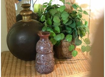 Metal Vessel With Brass Detail, Ethnic Vase & Basket With Faux Greenery