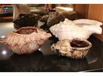 Set Of 3 Uniquely Glazed Ceramic Shell Shaped Vessels