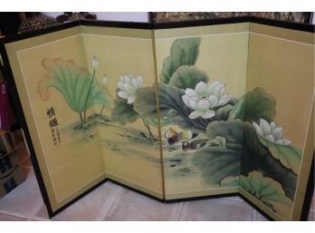 Vintage 4 Panel Screen With Lotus Flower In Pond Scene & Asian Character Writing