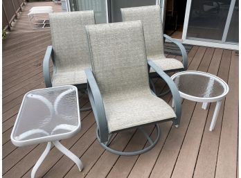 3 Winston Aluminum Mesh Swivel Rocker Chairs & 2 Aluminum & Glass Side Tables