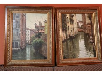 Pair Of Signed Oil On Board Paintings Of Venice Italy In Ornate Gilded Frames
