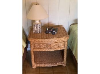 Woven Rattan Nightstand With Drawer & Decorative Accessories