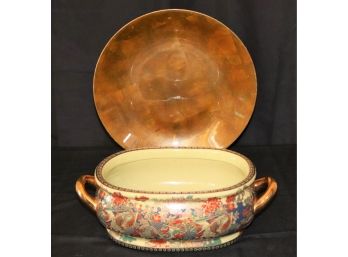Bronze Colored Ceramic Dish & Large Basin With Hand Painted Details