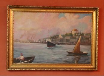 Vintage Painting On Canvas Of Mediterranean Coastal Town In Gilded Frame