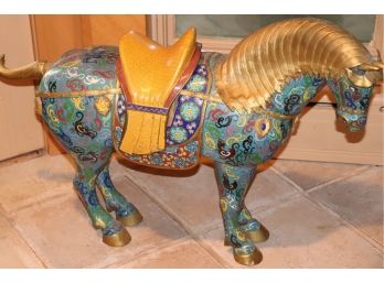 Amazingly Detailed Brass & Cloisonn Horse Figurine In Jewel Toned Enamel  35W X 13D X 25H