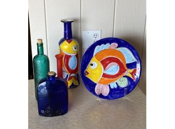 Hand Painted Italian Ceramic Decorative Pieces With 3 Assorted Glass Vessels