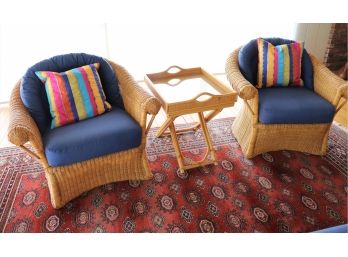 Pair Of Classic Rattan Club Chairs With Blue Cushions, Rattan Tray & Side Table