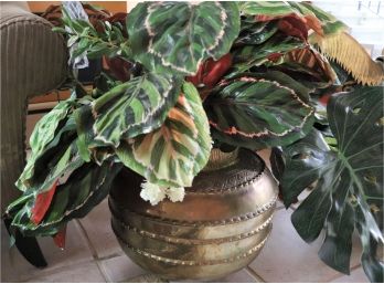Substantial Faux Greenery In Brass Colored Tin Planter