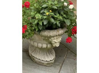 Pair Of Vintage Cement Oval Lion Head Urn Planters  Includes Soil & Flowers