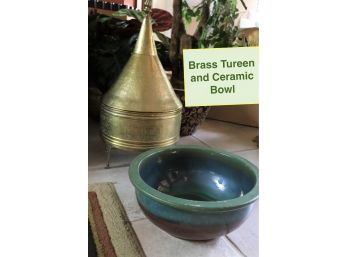 Glazed Terracotta Ceramic Planter With Brass Moroccan Tagine Holder