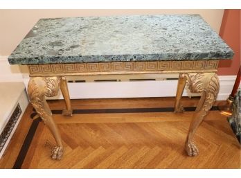 Antique Hand Carved Gilded Greek Key Console Table With Green Marble Top