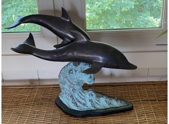 Bronze Dolphin Sculpture With Accented Wave Detail By SF Bay Trading Co