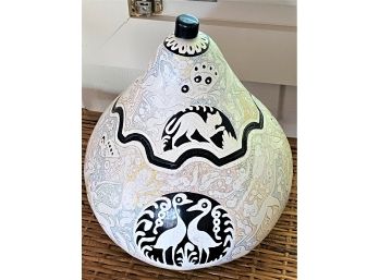Fabulous Hand Painted & Incised Gourd Vessel With Lid