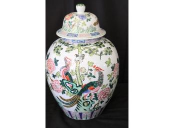 Finely Detailed Hand Painted Ginger Jar With Peacocks Among The Blossoms