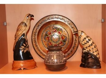 Vintage Carved Horn Falcon Sculptures, Carved Hand Painted Wood Plate & More