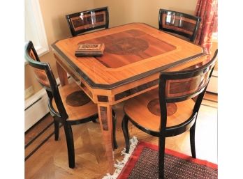 Gorgeous Handmade Italian Inlay Mixed Woods Game Table With 4 Matching Chairs