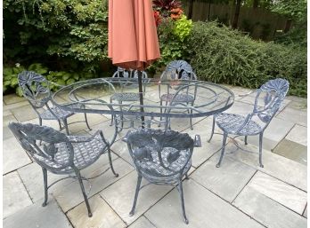 Unique Cast Aluminum & Glass Oval Dining Set With 6 Chairs & Market Umbrella