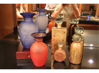 Assorted Colorful Art Glass Vases & Gilded Glass Decanters & More