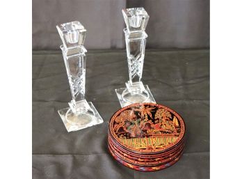 Vintage Lacquered Thai Box With A Pair Of Cut Glass Candlesticks