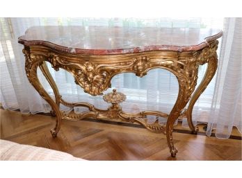 19th Century French Louis XV Hand Carved Gilded Console Table With Pink Marble Top