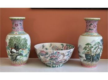 Hand Painted Pair Of Coordinating Vases  Peacocks & Temples With Lotus & Lily Pad Bowl