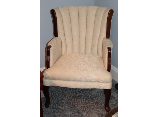 Cream Colored Floral Pattern Wood Chair With Fan Style Cushion Back
