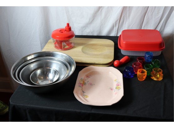 Mixed Lot Of Mixing/ Serving Bowls With Cutting Board And More