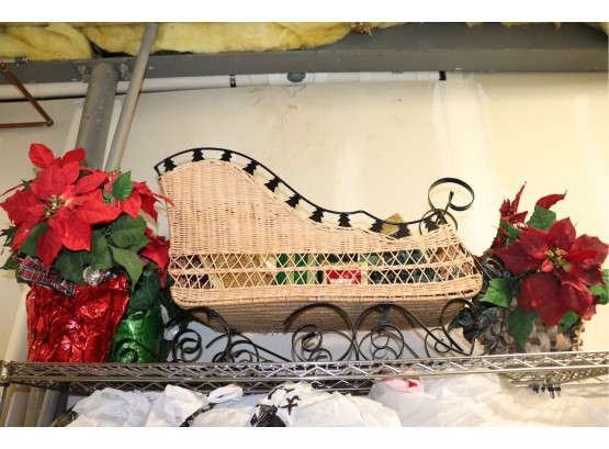Decorative Holiday Sleigh, Faux Poinsettia Plants, Large Christmas Ball Decorations & 10 Ft Tall Tree W/ Lites
