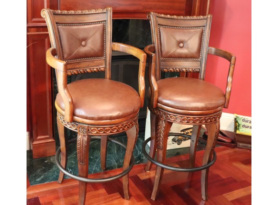 Pair Of Wooden Detailed Swivel Bar Stools