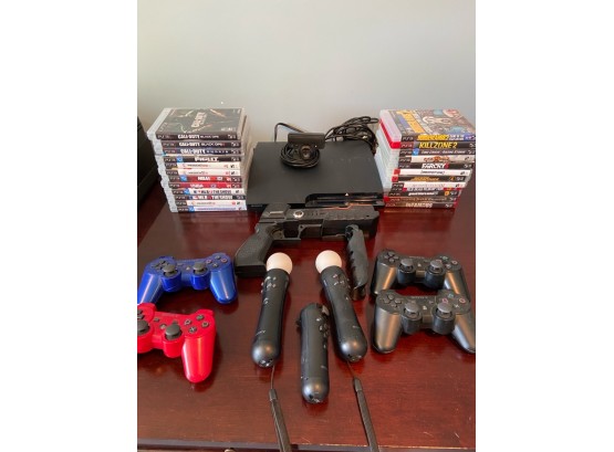 Sony Playstation 3 Lot With Controllers, VR Motion Wands, And Games