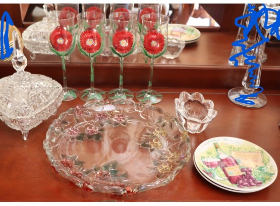 Stunning Crystal Candy Dish With Floral Painted Champagne Glass Set And More