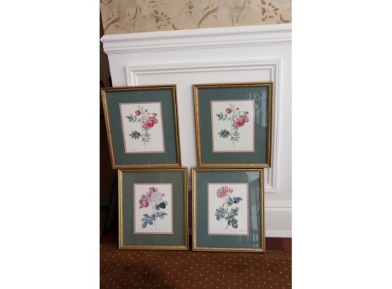 Set Of 4 Floral Pictures In Gold Frames