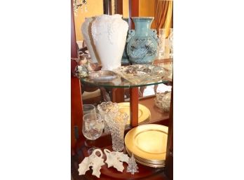 Mixed Lot Of Items Including Blue Dragon Vase, Crystal Etched Ashtray, Gold Plates, And Holly Candle Holders