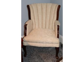 Cream Colored Floral Pattern Wood Chair With Fan Style Cushion Back