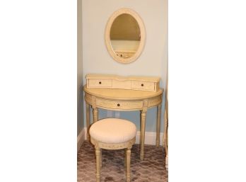Floral Pattern Demi Lun Makeup Vanity Table With Cushion Stool And Wall Mirror