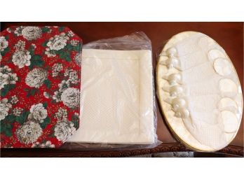 3 Sets Of Decorative Place Settings With Unused Shell Coaster And Napkin Set