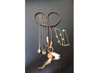 Long Wood Beaded Necklace With Feathers 2 Gold Tone Ankle  Bracelets And Necklaces