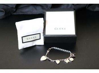 Gucci Sterling Charm Bracelet With Gucci Marked Charms And Box