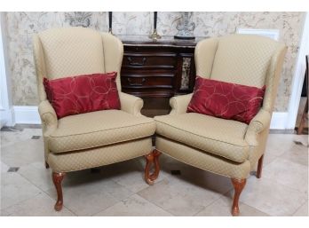 Pair Of Gold Floral Print Wing Chairs