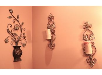 Pair Of Decorative Metal Wall Candle Sconces With Metal Floral Plant Wall Art
