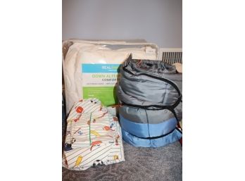 Twin Sized Down Comforter With Sleeping Bag And Twin Size Baseball Sheet Set