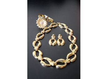 Goldtone Link Necklace With Matching Earrings, Daisy Ring And Bangle Bracelet