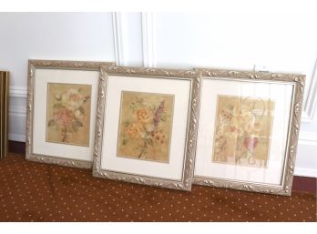 Set Of 3 Decorative Floral Wall Pictures In Silver Frames