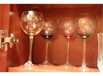 4 Long Stemmed, Etched Wine Glasses