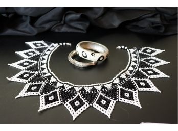 Black/White Beaded Choker With White And Black Enamel Costume Bracelet & Silver Tone Stretch Bracelets