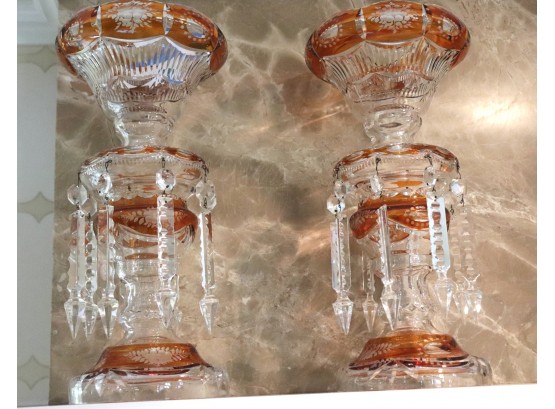 Pair Of Gorgeous Vintage Decorative Luster Candle Holders With Amber Colored Glass & Beautiful Crystals